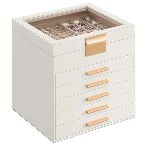 Oferta limitowana: SONGMICS JBC176W01 szkatułka na biżuterię ze szklaną pokrywką, 6-warstwowy organizer do przechowywania biżuterii z 5 szufladami, dużo miejsca, nowoczesny pomysł na prezent, 20 x 23 x 22,8 cm, biały i z 201.99 zł na 201.99 zł (oszczędź 0