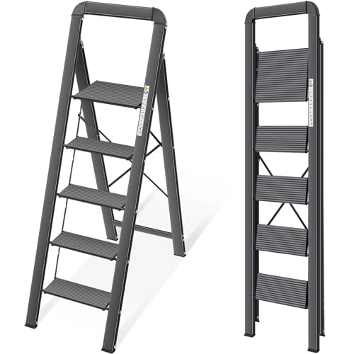 Offerta a tempo: KINGRACK Scala 5 Gradini in Alluminio, Leggera con Corrimano, Blocco di Sicurezza, Pedali Antiscivolo, Scala Pieghevole per Cucina Garage Casa, Salvaspazio, Robusta e Portatile, Massima 150kg, Nero - 50% da 169.99 € a 84.53 €