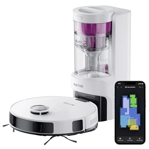 EUREKA E10s DE Saug- & Wischroboter + beutelloser Multi-Zyklon-Absaugstation (4000Pa, Auto Teppicherkennung & Auto Mop Lifting, LiDAR-Navigation, ideal gegen Tierhaare, App- & Sprachsteuerung) weiß
