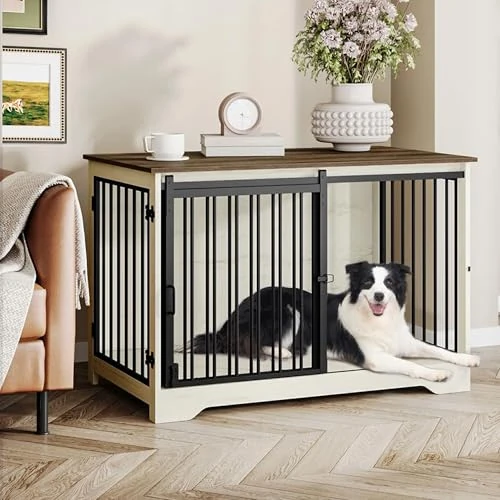Offerta a tempo: Hzuaneri 100cm Gabbia per Cani, Tavolo Supplemento, Nicchia Moderna per Cani, Gabbia per Cuccioli, Casetta per Animali, 2 porte, 60 x 100 x 68 cm, Bianco e Marrone DFC02314B - 20% da 149.99 € a 119.99 €
