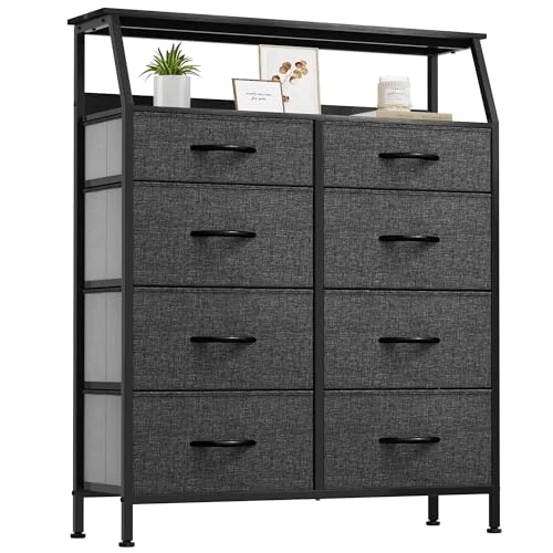 YITAHOME Chest of Drawer Bedroom with 8 Drawers Storage Unit Steel Frame Wood Top Fabric Dresser for Bedroom Living room,Closet,Black Gray