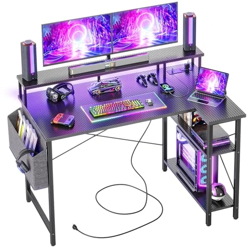 BEXEVUE L-vormig Hoekbureau Stopcontacten LED - 120x70 cm Hoekcomputerbureau Schrijftafel, Omkeerbare Grote Opbergplanken, Boekenplank Werkstation voor Studie Speel Werk Slaapkamer Thuis Kantoor