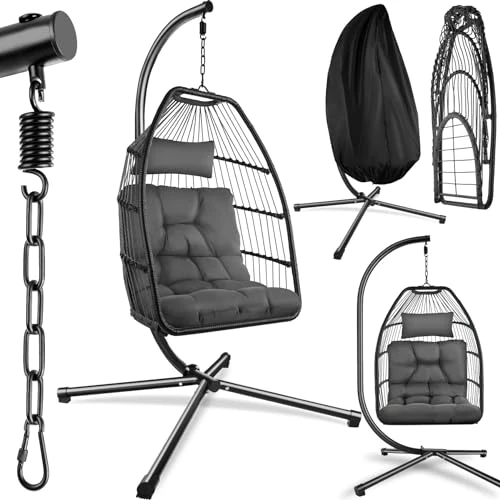 tectake® Luxurious Egg Chair with Stand, Thick Cushions, Polyrattan Weave, Rotatable & Height-Adjustable, Steel Frame, Incl. Protective Cover - Ideal Hammock Chair for Garden, Patio & Balcony - Grey