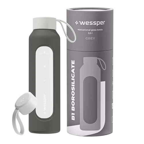 Offerta a tempo: Wessper Borraccia 500 ml, Bottiglia Motivazionale con Scala di Idratazione, Borraccia in Vetro Borosilicato con Custodia in Silicone, Materiale Sicuro Senza BPA – Grigio - 0.00% da 15.21 € a 15.21 €