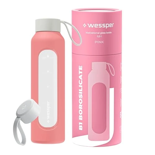 Offre limitée : Wessper Bouteille a eau 500 milliliters, Bouteille de Motivation avec échelle D'hydratation, Gourde pour eau en Verre Borosilicaté avec étui en Silicone, Matériau Sans BPA – Rose de 14.90 € à 14.90 € (0.00% de remise)