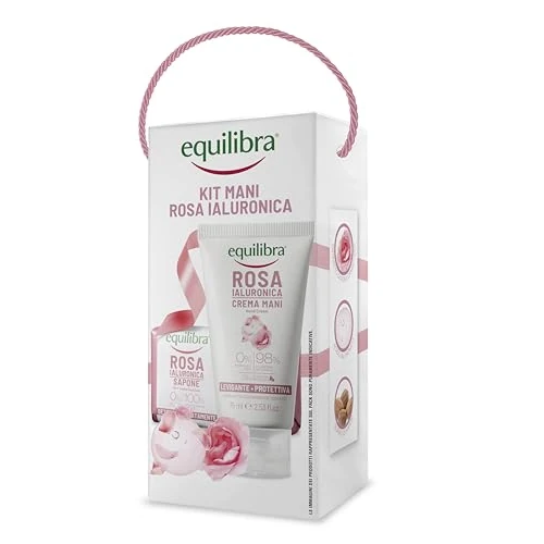 equilibra, Kit Mains Rose Hyaluronique, Kit Cadeau avec Crème Mains, Lissage et Protection, 75 ml et Savon 100 % Légume, Extrait de Rose Damas, Acide Hyaluronique