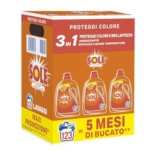 Offerta a tempo: Sole Detersivo Lavatrice Proteggi Colore 123 Lavaggi, Formula igienizzante, Detersivo Lavatrice Liquido Proteggi Colore, rimuove le macchie a basse temperature - 46% da 19.99 € a 10.77 €