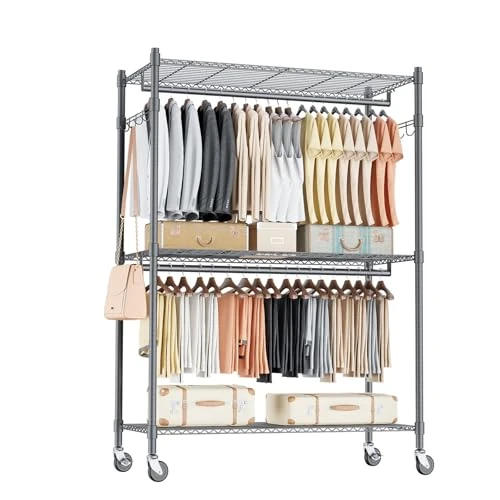 Himimi Doppio Appendiabiti con Ripiani Regolabili in Altezza, Appendiabiti con 2 Ganci, Carrello Appendiabiti con Ruote, 90 * 42 * 205cm, Grigio