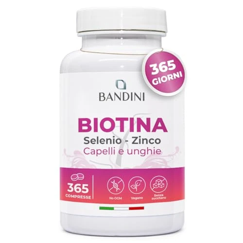 Offerta a tempo: Bandini® Biotina per Capelli, Unghie e Pelle, Integratore con Selenio, Zinco e Vitamine, Crescita del Capello e Anticaduta, 365 Compresse, Alto Dosaggio e Assorbimento, 1 Anno di Trattamento Completo - 5% da 9.90 € a 9.40 €