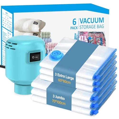 Worki do przechowywania próżniowego z elektryczną pompką powietrza, 6 sztuk (3 Jumbo, 3 duże) szybko spuszczające powietrze, podwójny zamek błyskawiczny, torba oszczędzająca miejsce, na ubrania