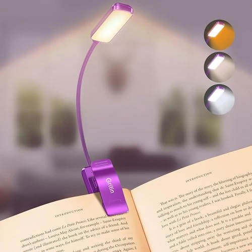 Gritin 9 LED Clip on Book Light, 3 Eye-Protecting Modes Flexible Reading Light Book Lamp (Warm&Cool White) -Stepless Dimming, Rechargeable, Long Battery Life, 4-Level Power Indicator-Dark Purple