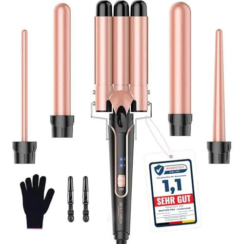 Offerta a tempo: BESTOPE PRO Set Ferro Onda 5 in 1 - Include 3 cilindri in ceramica per creare grandi onde, inclusa regolazione della temperatura, riscaldamento rapido e guanto, 2 clip, oro rosa - 15% da 39.99 € a 33.99 €