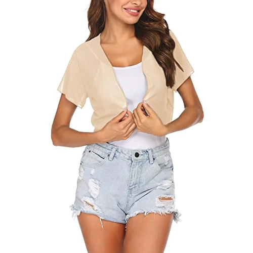 Zeitlich begrenztes Angebot: Zeagoo Damen Bolero Chiffon Kurzarm Bolerojacke Festliche Elegante Jacke Leicht Transparent Offene Kurzjacke Cardigan für Sommer Beige XXL von 14.99 € auf 8.99 € (40% Rabatt)