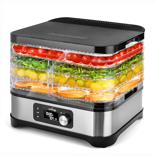 Offre limitee: Lehmann Déshydrateur en acier inoxydable 450W | avec régulateur de température 35-70°C | Séchoir pour fruits, champignons, viande, herbes aromatiques, sans BPA de 64.99 EUR a 54.99 EUR (economie 15%)