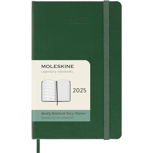 Moleskine Weekly Planner, Weekly Agenda with Space for Notes 2025, Hard Cover and Elastic Closure, Myrtle Green Color, Pocket Format 9x14 cm