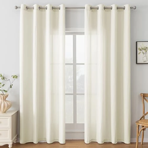 Ystyle Rideau Voilage Lot de 2, 140x145cm, Voilages Intérieurs Rideaux Salon Chambre Moderne, Rideau Transparent a Oeillets, Voilage Fenetre Cuisine Balcon, Beige