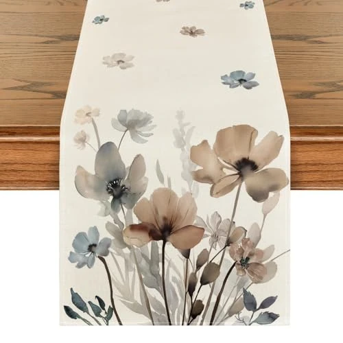 Artoid Mode Brown Poppy Floral Leaves Autumn Table Runner, Seasonal Fall Spring Kitchen Dining Table Decoration for Home Party Decor 40x140 cm