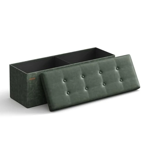 SONGMICS Cassapanca, Pouf Contenitore, Poggiapiedi Pieghevole da 38 x 110 x 38 cm, Ottomano, Regge fino a 300 kg, per Soggiorno, Camera da Letto, Entrata, Verde Foresta LSF070C01