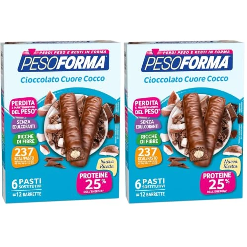 Offerta a tempo: Pesoforma Barrette Cioccolato Cuore Cocco- Pasti sostitutivi dimagranti SOLO 237 Kcal, Ricco in proteine, 6 pasti (Confezione da 2) - 12% da 24.80 € a 21.80 €