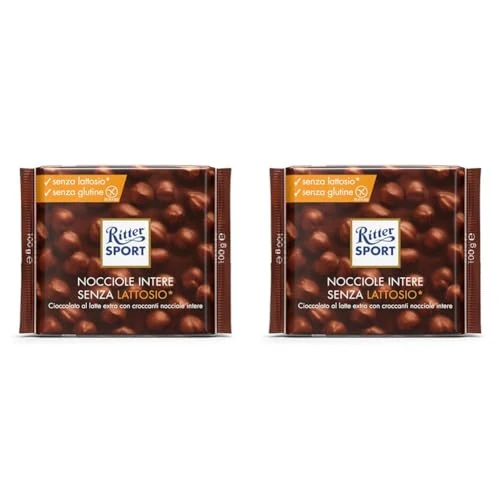 Offerta a tempo: RITTER SPORT Nocciole Intere Senza Lattosio, Tavoletta di Cioccolato Al Latte Extra Con Nocciole Intere, Cacao 100% Certificato Sostenibile, Senza Glutine e Lattosio, 100 g (Confezione da 2) - 10% da 4.84 € a 4.38 €