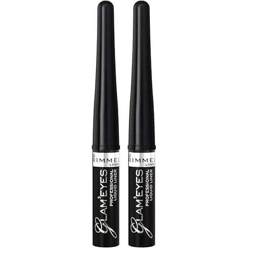 Rimmel London Glam'eyes, Delineador de oyos líquido tono 001 Black Glamour, 3.5 ml (Paquete de 2)