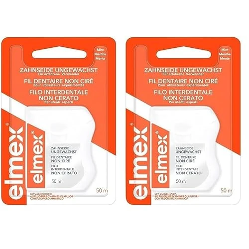 elmex Zahnseide 50m – ungewachstes Zahnband für eine gründliche Zahnreinigung – Faden mit Flauscheffekt und Aminfluorid beugt Karies und Zahnfleischentzündungen vor (Packung mit 2)