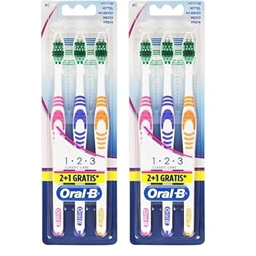 Oral-B 1-2-3 Classic Care Zahnbürsten, 2 + 1, 40 Mittel, Multicolor (Packung mit 2)