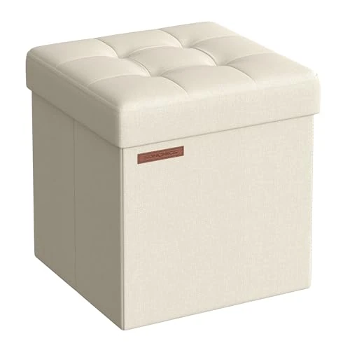 SONGMICS Puff Almacenaje 38 cm, Baúl de Almacenaje, Taburete Reposapiés, Blanco Crema LSF27W01