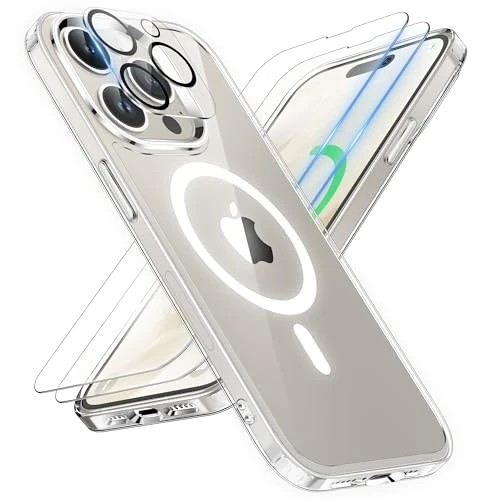 ORETECH Magnetic Case for iPhone 15 Pro Case with 2 HD Screen Protector 1 Camera Protector, Fit for MagSafe, Anti Yellowing Military Grade Shockproof Ultra Slim Phone Case Cover - Clear