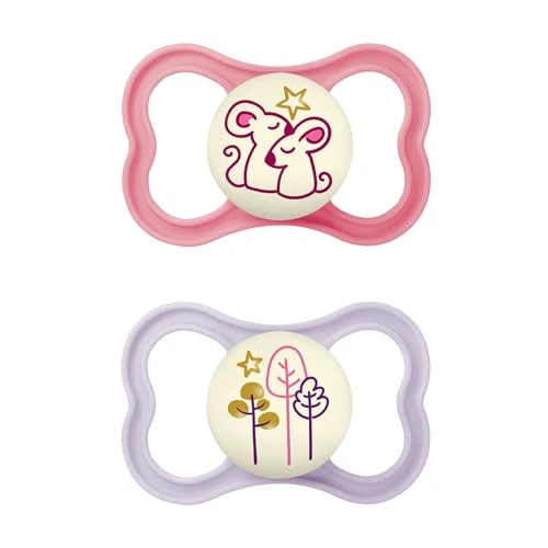 Offerta a tempo: MAM Air Succhietto 16+ Mesi (Set da 2), Ciuccio MAM 16-36 mesi che si illumina al buio pelli sensibili, Kit da 2 accessori neonato con tettarella in silicone e porta ciuccio sterilizzatore, Rosa/Lilla - 19% da 14.99 € a 12.10 €