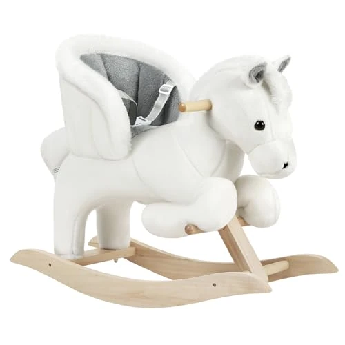 WOLTU Cheval à Bascule en Peluche, Animal à Bascule pour 1/2/3 Ans, Cadeau pour Anniversaire Noël Ceinture de Sécurité Effet Sonore Blanc et Gris