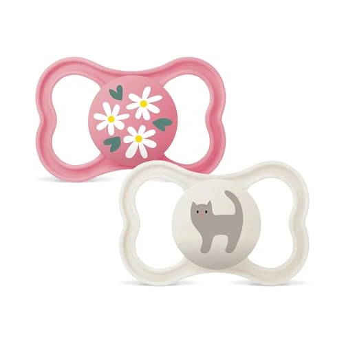 MAM Air Succhietto 6-16 Mesi (Set da 2), Ciuccio MAM 6-16 mesi per pelli sensibili e delicate, Kit da 2 accessori neonato con tettarella in caucciù naturale e porta ciuccio sterilizzatore, Rosa/Lilla