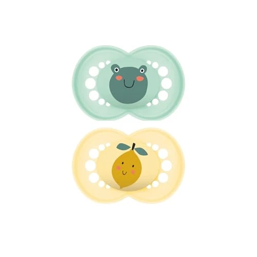 Offerta a tempo: MAM Original Succhietto 16+ Mesi (Set da 2), Ciuccio MAM 16 36 mesi con tettarella ortodontica in caucciù, Kit da 2 accessori neonato con pratico porta ciuccio sterilizzatore, Verde/Giallo - 15% da 12.99 € a 10.99 €