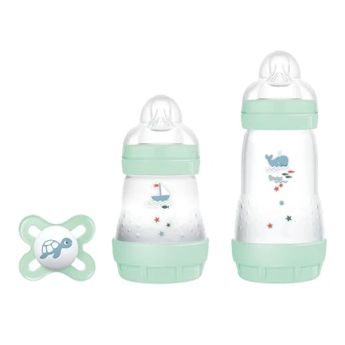 MAM Juego de 2 biberones anticólicos de 160 ml y 260 ml con tetina de silicona SkinSoft con chupete inicial original a partir de 0 meses