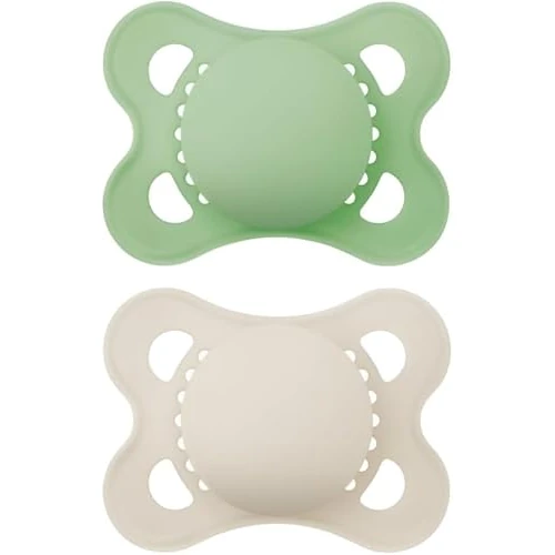 MAM Original Succhietto 2-6 Mesi (Set da 2), Ciuccio MAM 2-6 mesi con tettarella ortodontica in caucciù, Kit da 2 accessori neonato con pratico porta ciuccio sterilizzatore, Verde/Neutro