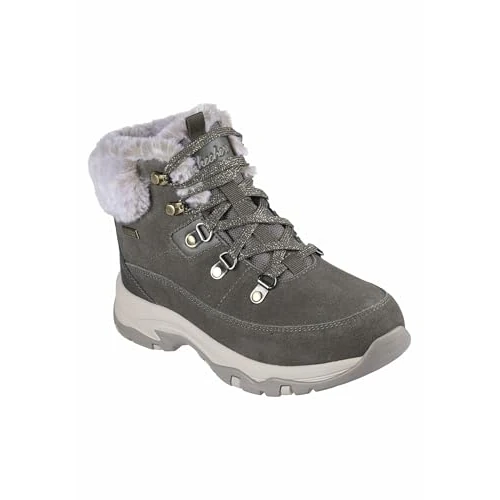 Skechers Damen Trego Snow Worries Stiefelette, Olivfarbenes Veloursleder, Duraleather-Kunstfell, 37.5 EU