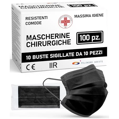 ADESTE – 100x schwarze Einweg OP Masken Typ IIR, 3-lagig, spritzwassergeschützt, konform mit UNI EN 14683:2019+AC:2019, BFE >98%