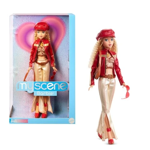 Offerta a tempo: Barbie Signature, Barbie My Scene, bambola da collezione in abito ispirato agli anni 2000 con giacca in finta pelle, pantaloni palazzo, bisaccia e piedistallo, giocattolo per bambini, 6+ anni, HYC17 - 38% da 59.99 € a 37.07 €