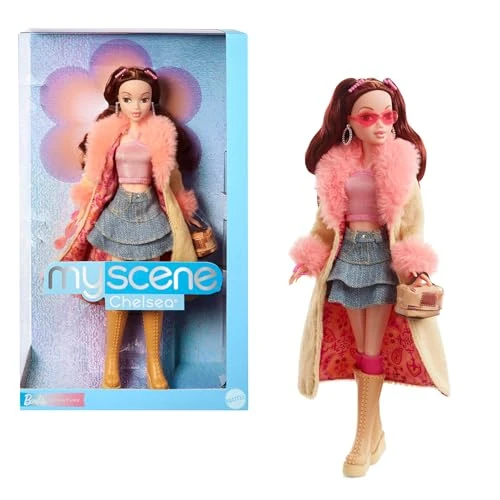 Oferta limitowana: Barbie Signature My Scene Chelsea Modowa lalka kolekcjonerska z akcesoriami, w stylizacji Y2K z płaszczem, topem wiązanym na szyi, dżinsową spódnicą i torebką + podstawka dla lalki, HYC19 z 159.00 zł na 159.00 zł (oszczędź 0.00%)
