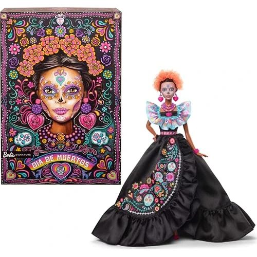 Barbie Día de Muertos 2024 Poupée signature Barbie à collectionner en robe noire avec haut bleu à volants, imprimé brodé et accessoires colorés. HRM72