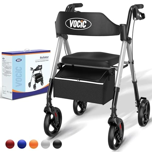 Offerta a tempo: VOCIC deambulatore per anziani 4 ruote,Girello in alluminio leggero con seduta,Rollator pieghevole per alle terrenne,Altezza sedile regolabile,Per esterno e interno,Argento Stellato|5 anni di garanzia - 5% da 119.99 € a 113.99 €