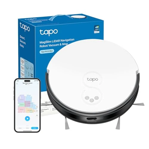 Tapo RV20 Mop robot vacuum cleaner with map, LiDAR MagSlim navigation, ultra compact design 7.8 cm, No-Go zone and virtual walls, suction power 2700 Pa, app and Alexa and Google control
