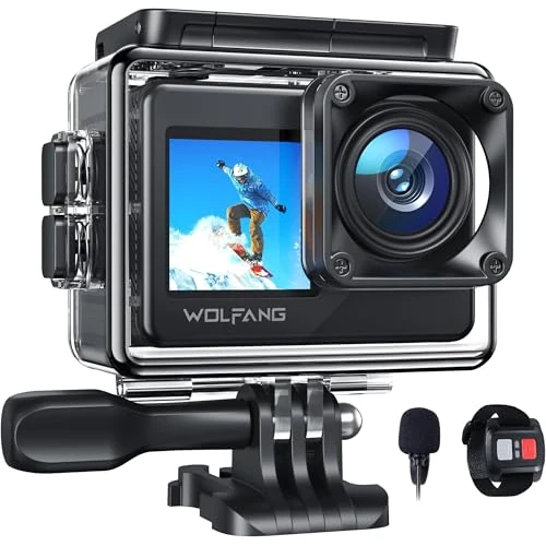 WOLFANG GA120 4K 20MP Actiecamera, 40M Waterdichte Onderwatercamera voor Snorkelen, 170° Groothoek WiFi Dual Screen Vlogcamera met EIS, Externe Microfoon, Afstandsbediening