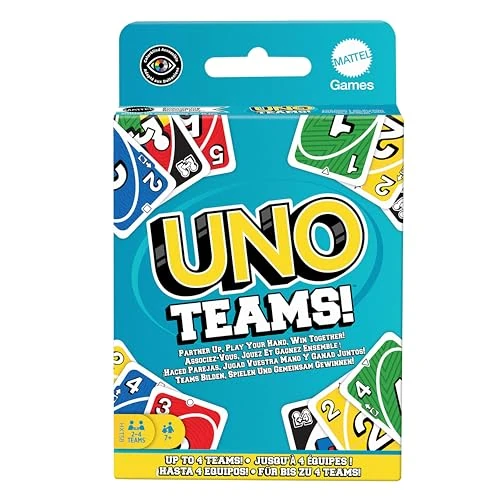 Offre limitee: Mattel Games UNO Teams Jeu de cartes pour enfants et adultes, pour des soirées jeux en famille, en voyage et lors de fêtes, avec des règles spéciales pour jouer en équipes de deux, HTX58 de 10.99 EUR a 9.99 EUR (economie 9%)