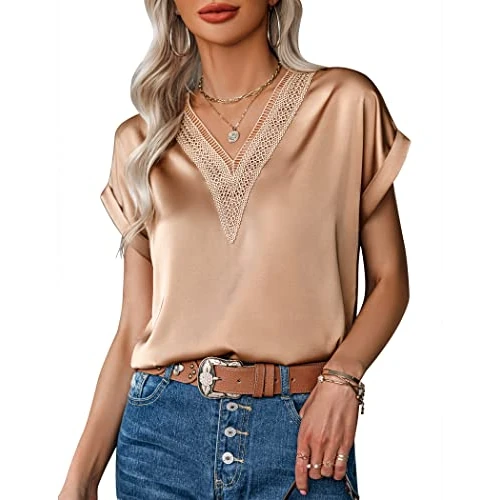 Zeitlich begrenztes Angebot: ZEAGOO Satin Bluse Damen Elegant Kurzarm Shirts Sommer Oberteile Leicht | Blusenshirt, Festliche Blusen, Kamel, S von 19.99 € auf 19.99 € (0.00% Rabatt)
