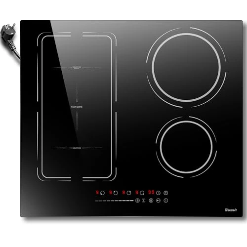 Induction hob 4 plates 60cm, Disaenvir hob with flexible BBQ zone, hob plug in, 9 power levels, boost insulation function, timer, child lock, limited power 3500W, black