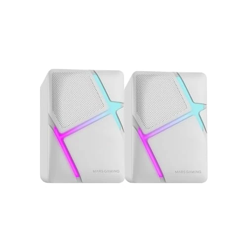 Mars Gaming MS-H, Altavoces Gaming RGB Flow, Drivers Invertidos y Sonido 3D-Surround 10W, Altavoces Compactos con Caja de Control de Volumen, Conexión Universal Jack 3.5mm, Blanco