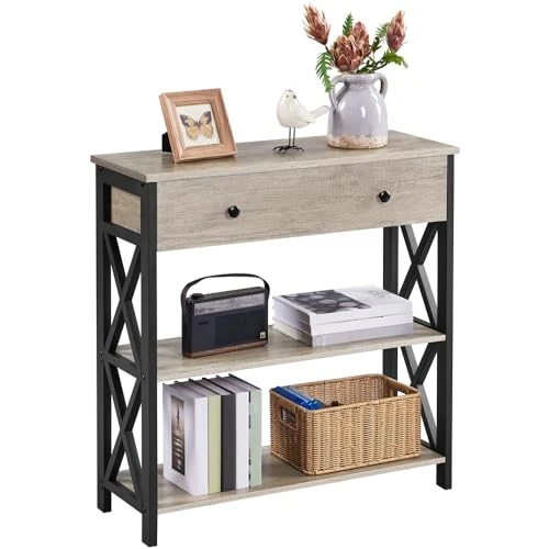 Yaheetech Tavolo Consolle Vintage Mobile da Ingresso in MDF e Ferro con Ripiani e Cassetti Tavolino Industriale per Divano Pavimento Corridoio Grigio 30 x 80 x 80 cm