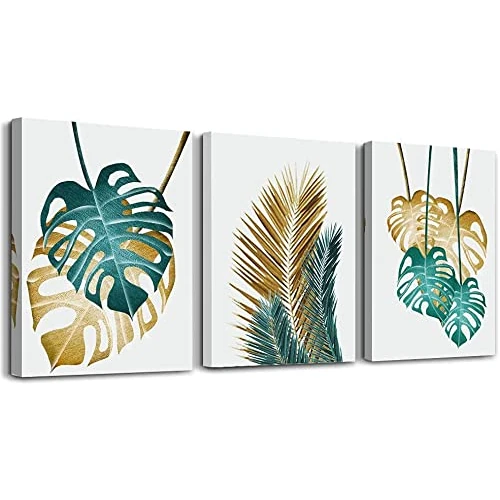 MHARTK66 Monstera Deliciosa Canvas Wall Art for Living Room, Modern Artwork Plants Pictures Golden Green Bathroom Bedroom Wall Decor, Family Prints Paintings Wall Decorations Hallway Kitchen Office