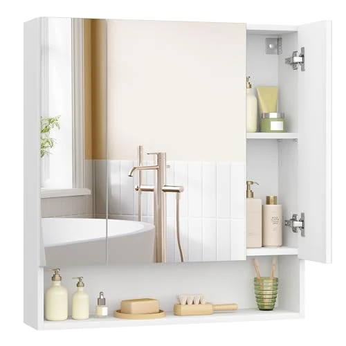 Offerta a tempo: VASAGLE KAILYN Collezione - Armadietto Bagno da Parete con Ante a Specchio, Mobiletto Pensile Bagno, Ripiani Regolabili, Stile Moderno, 16,5 x 70 x 75 cm, Bianco Nuvola BBK129W01 - 15% da 69.99 € a 59.49 €